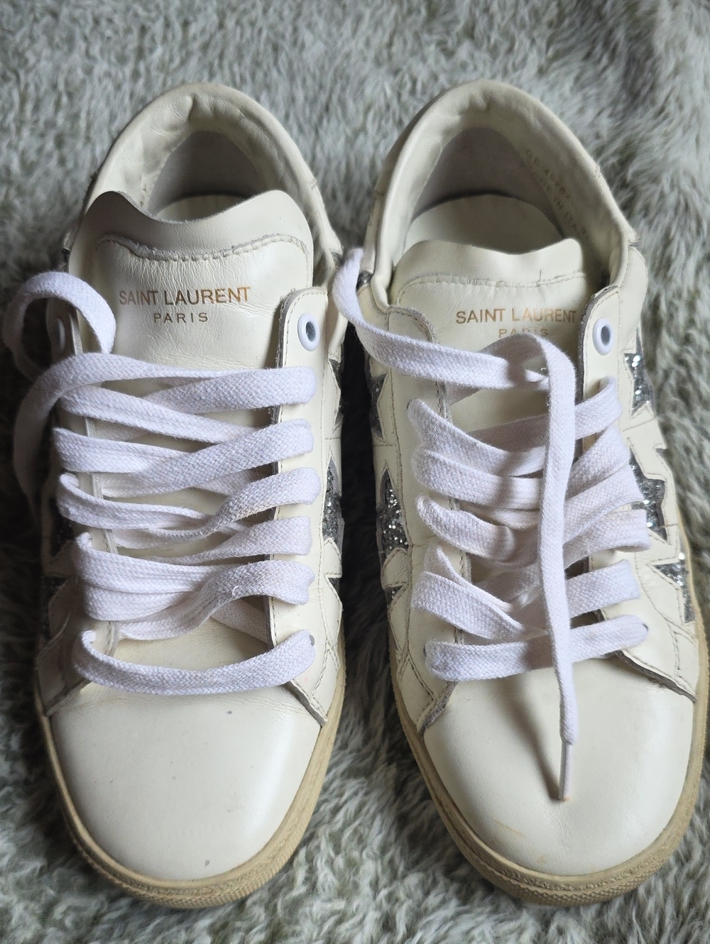 Saint Laurent Cream Leather Sneakers with Silver Glitter Stars